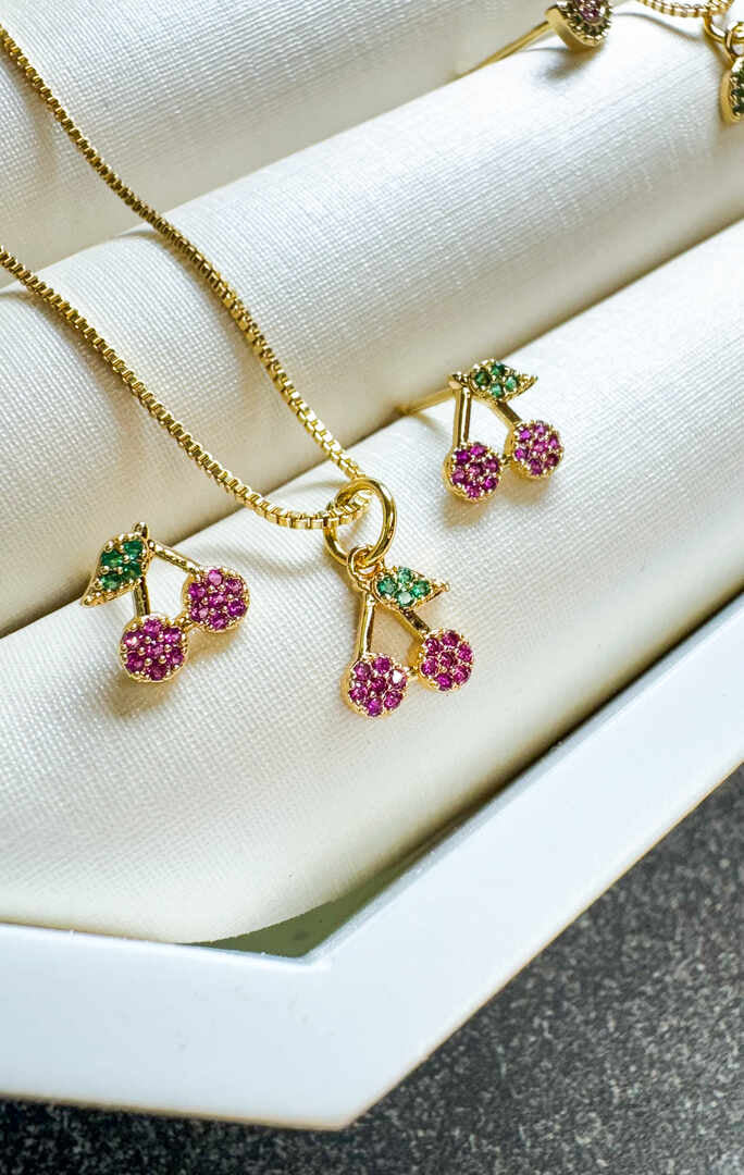 Conjunto - Conjunto colar e brinco de cereja- veneziana