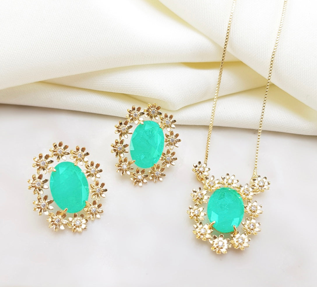 Conjunto - Conjunto de brinco de colar oval com detalhe flores cravejada pedraria luxo- Zirconia verde Turmalina paraiba