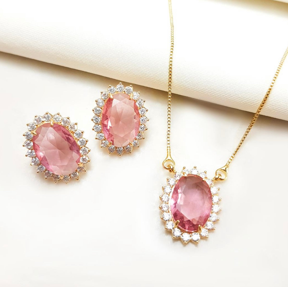 Conjunto - Conjunto de brinco de colar cravejada pedraria luxo oval - Zirconia rosê avermelhado e cristal