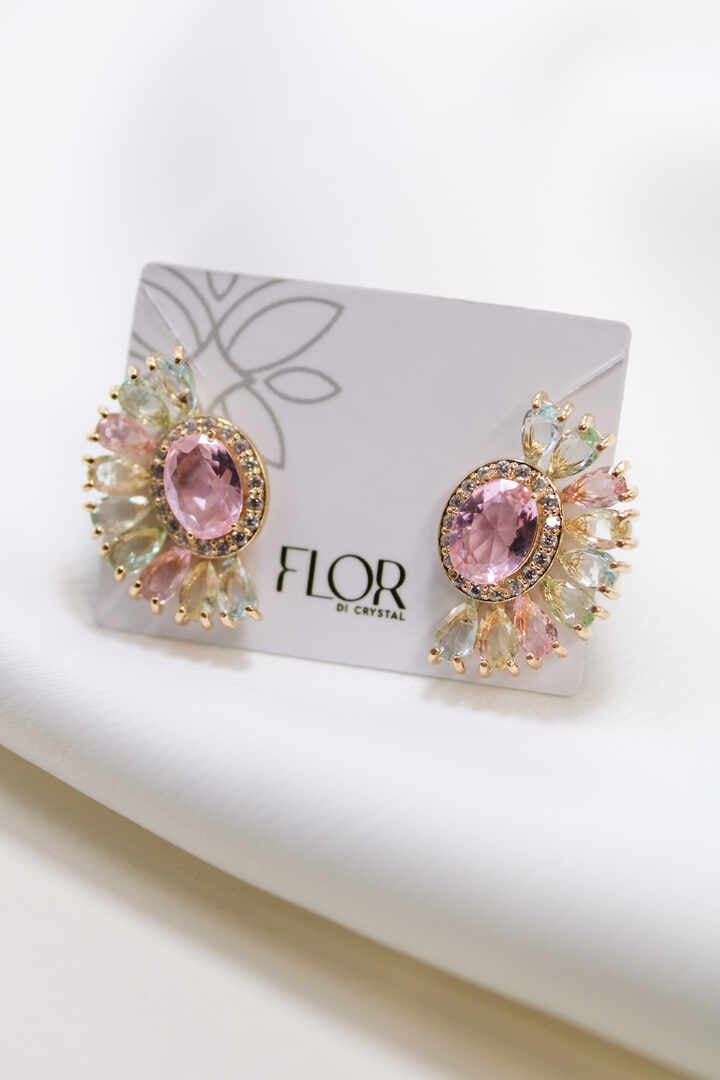 Brinco - Brinco pedraria colorido com pedra Rosa oval