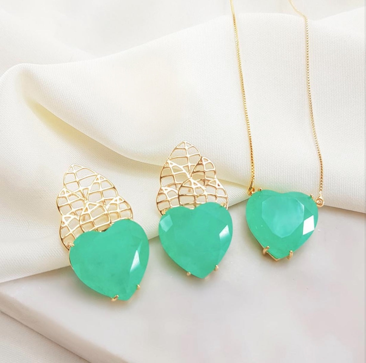 Conjunto - Conjunto Maxi Luxo- Brinco e Colar de Coracao Turmalina Verde esmeralda