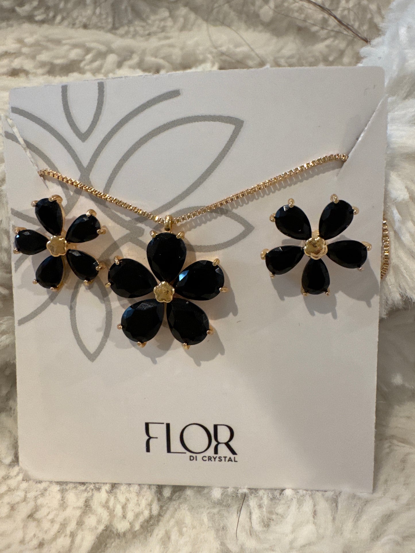 Conjunto - Conjunto colar e brinco Flor de cristal preto
