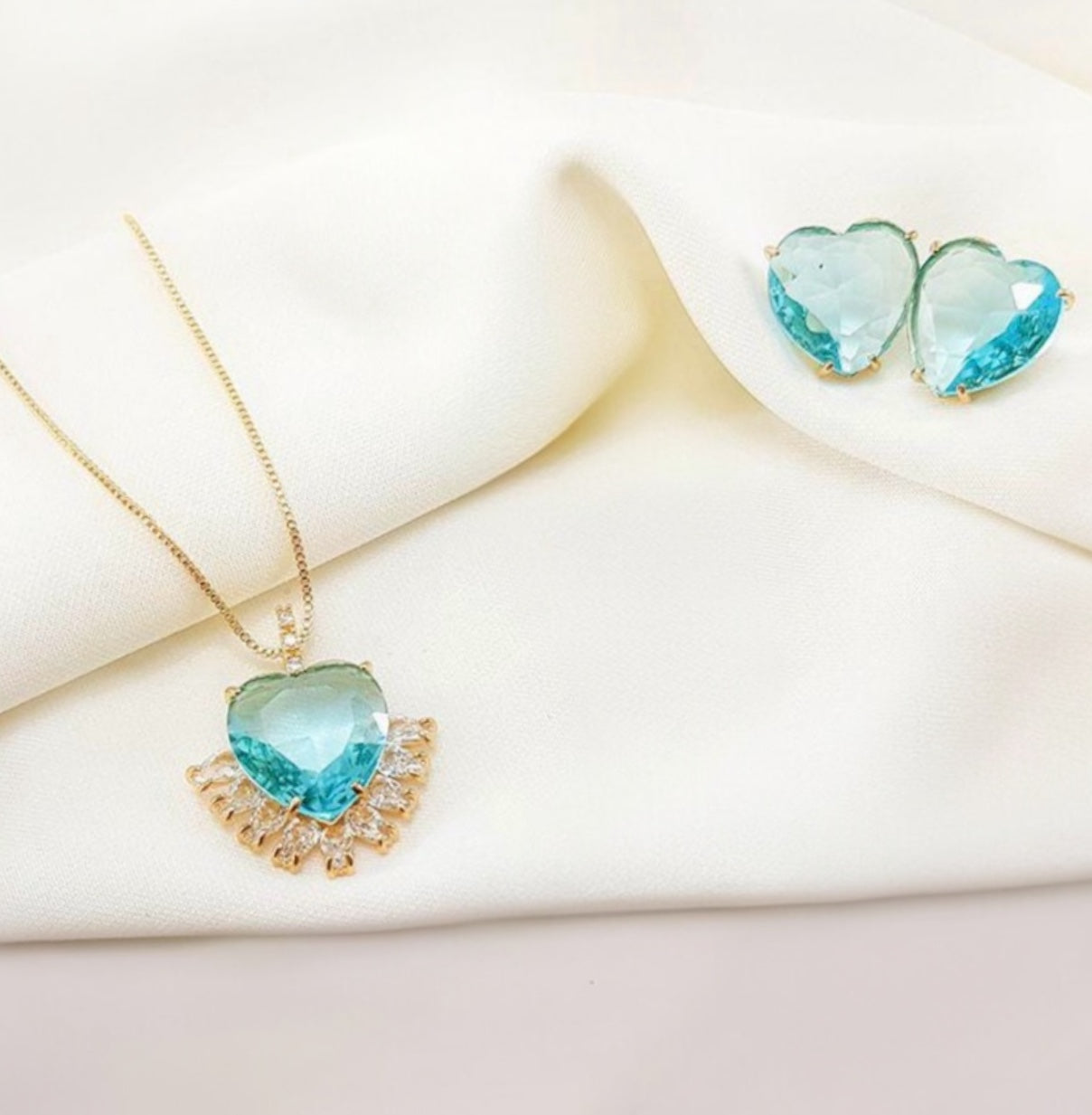 Conjunto - Conjunto colar e brinco cristal azul em coracao