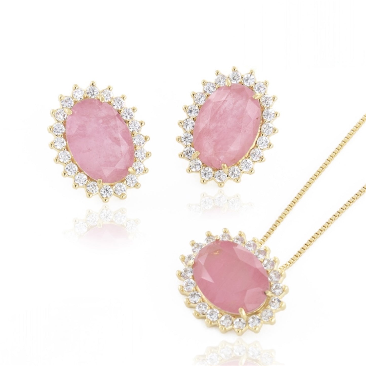 Conjunto - Conjunto de brinco de colar cravejada pedraria luxo oval - rosa fusion Zirconia