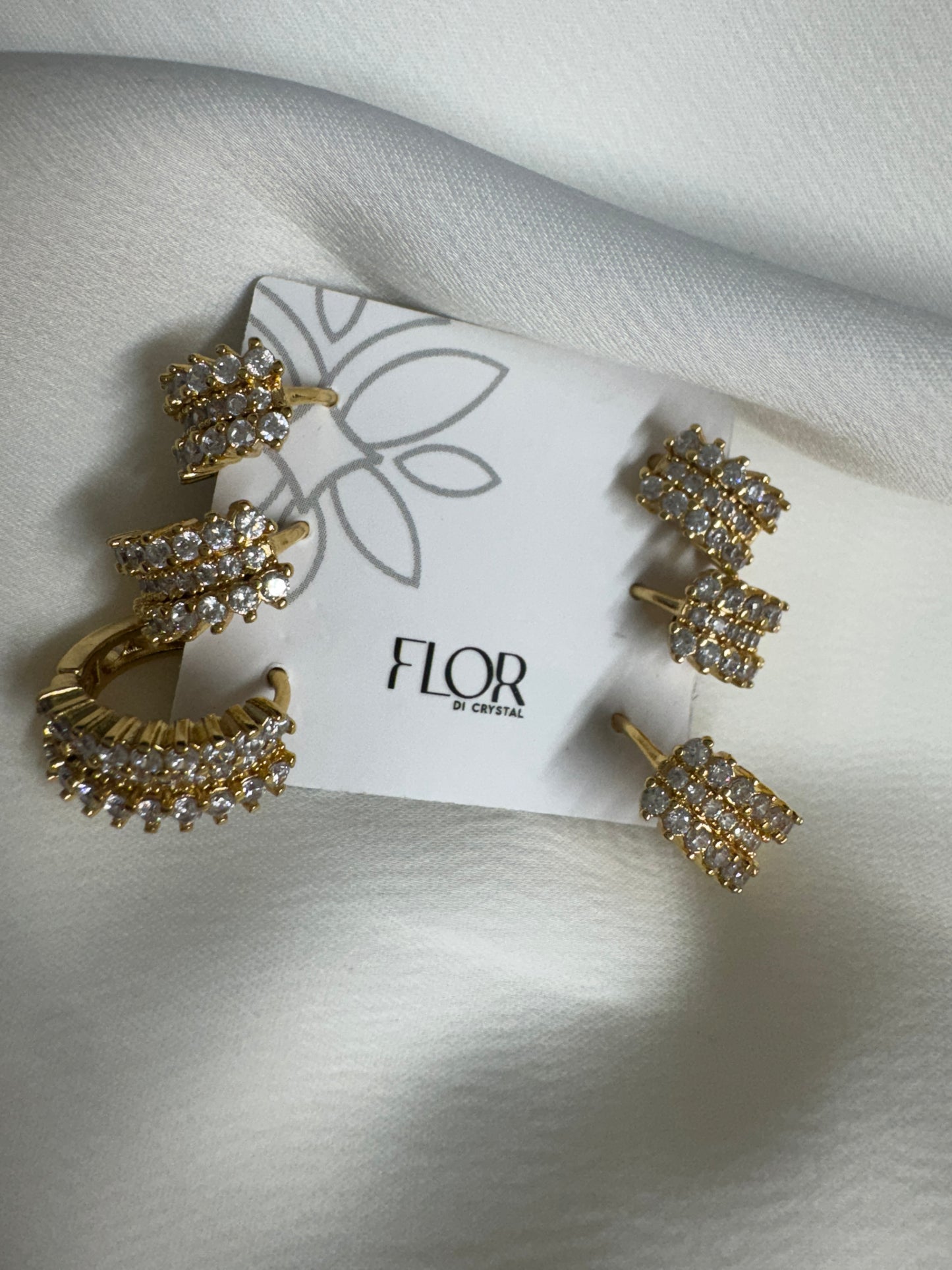 Brinco - Trio Argolas Cravejadas Luxo - Gold