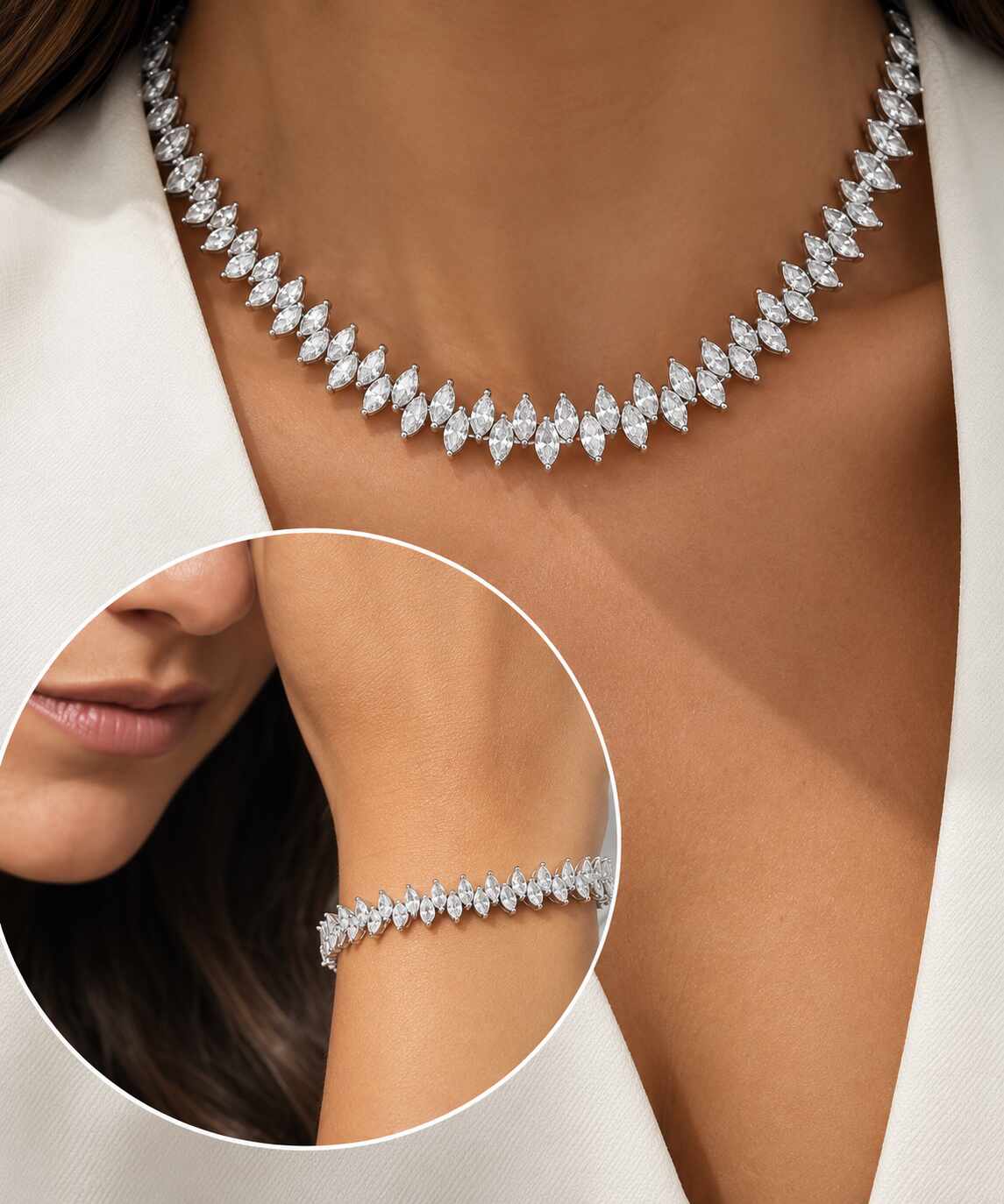 Tennis chain in clear navete cz necklace set