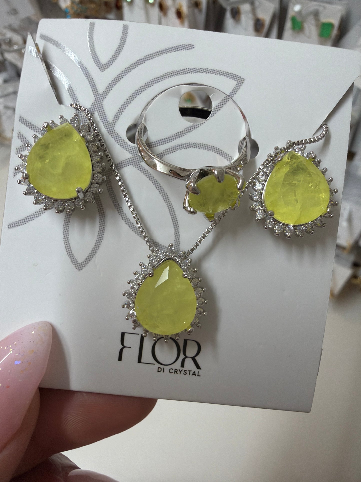 Clear Teardrop earing and necklace ring yellow