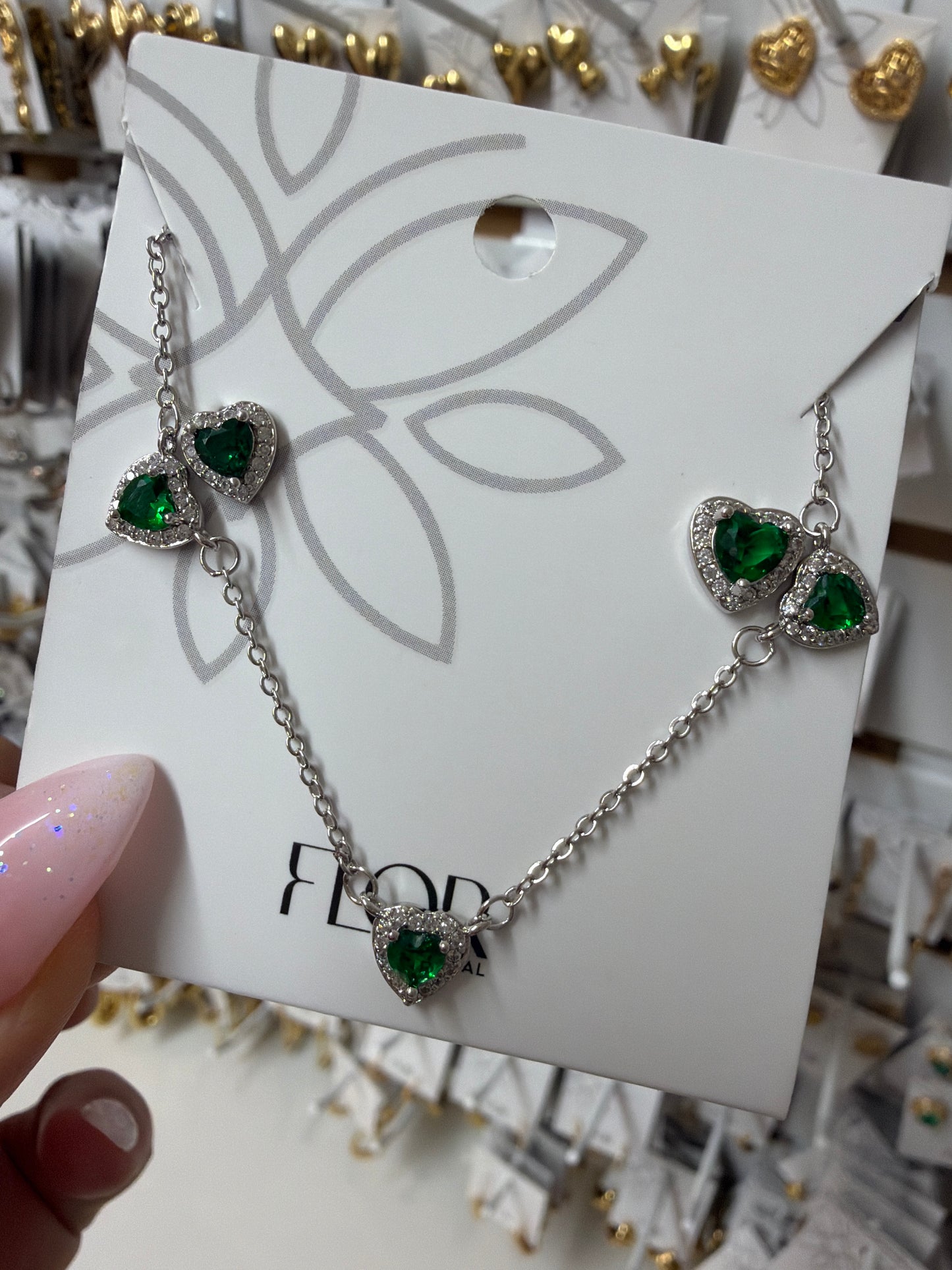Emerald delicate heart earing necklace set in cz