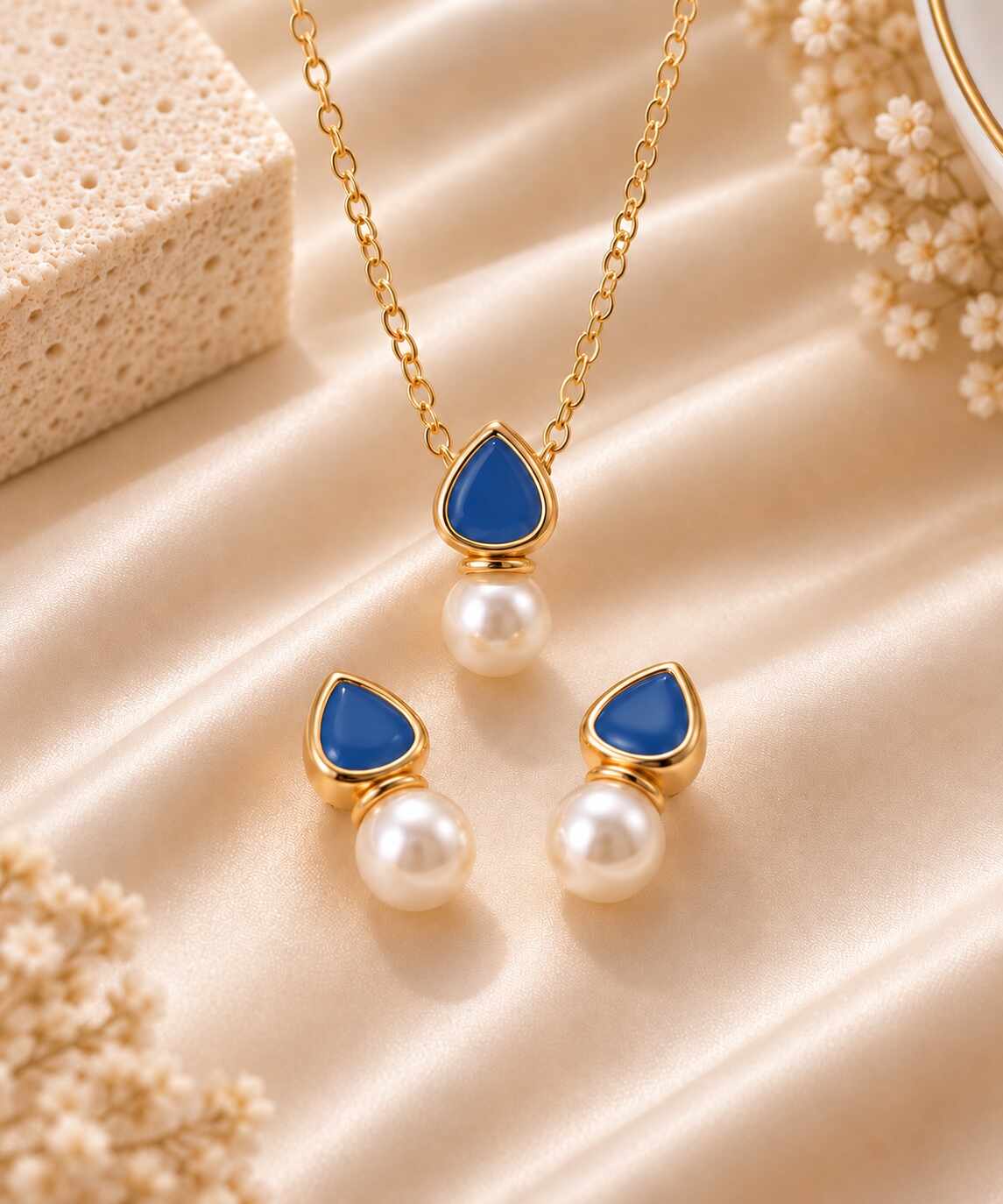 Conjunto Resinado azul Gota e Pérola