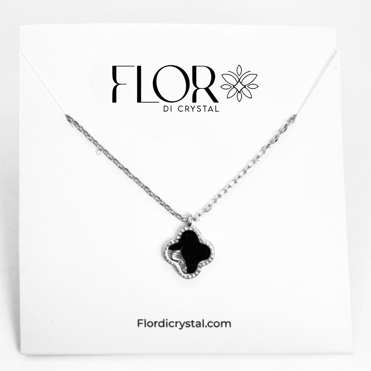 Colar - trevo mini onix-rodio