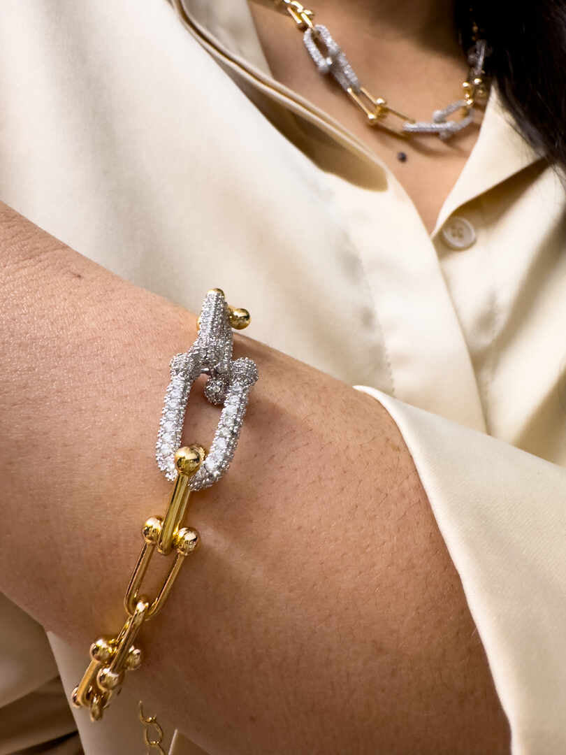 Conjunto - Conjunto Tiffani maxi corrente em elos cravejados de rodio- 3 pcs