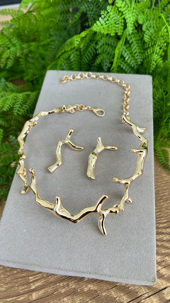 Conjunto - Conjunto de Colar e brinco Organico 18k Galhos