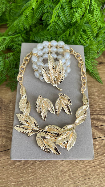 Conjunto - Conjunto de colar pulseira e brinco 18k Maxi folhas