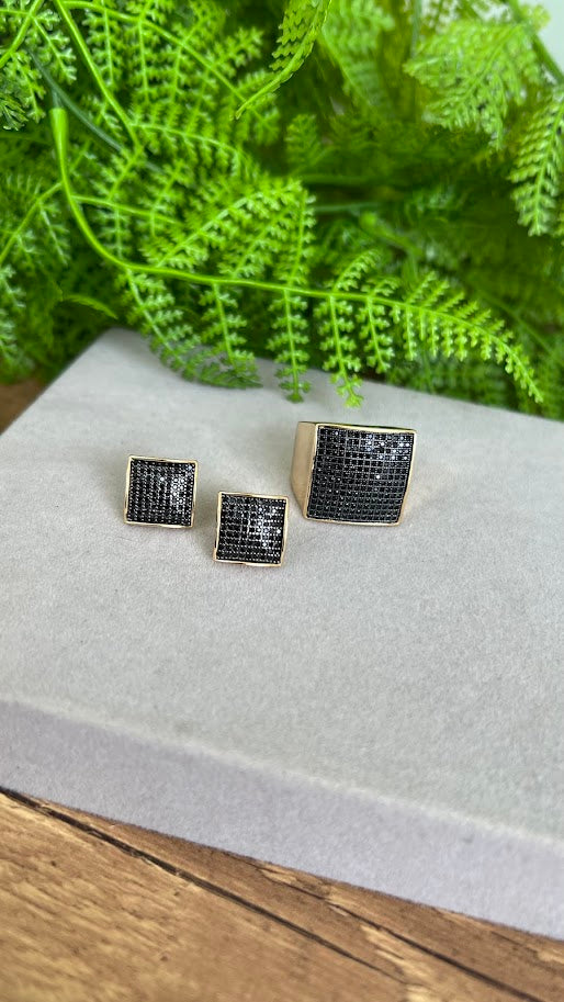 Conjunto - Conjunto de anel e brinco em zirconia Negra e rodio negro