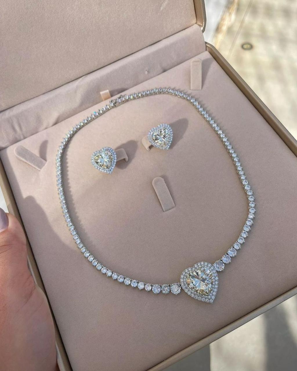 Tennis chain and earing set with large heart