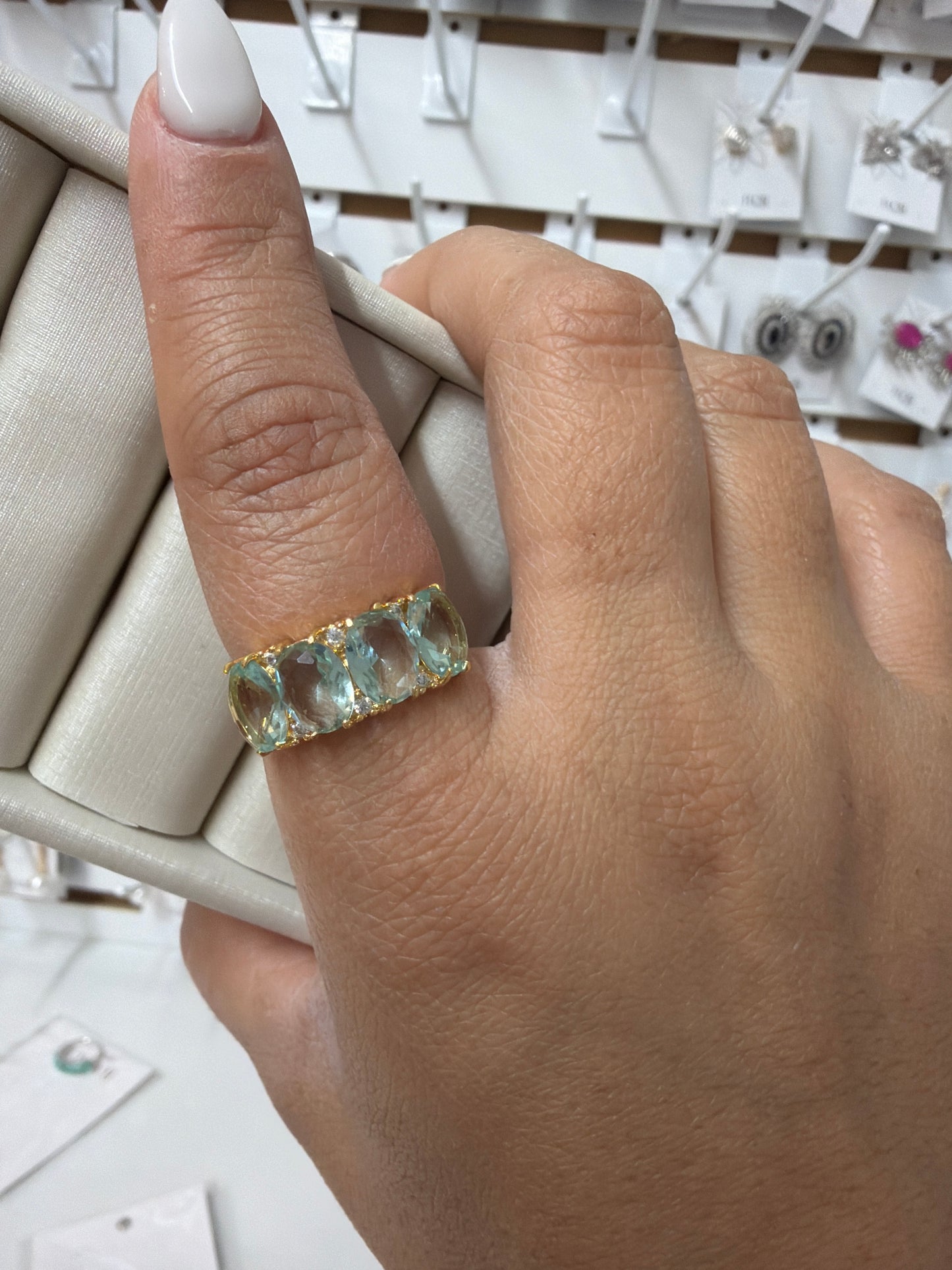 Anel - Anel meia alianca medio aqua- regulavel