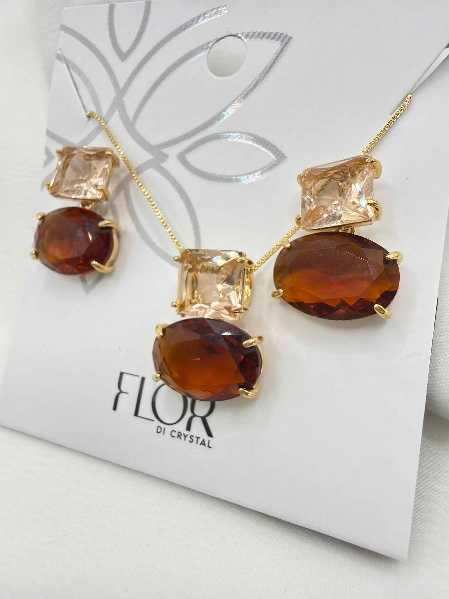 Luxury oval and Square brown and peach cz Necklace & Earring Set