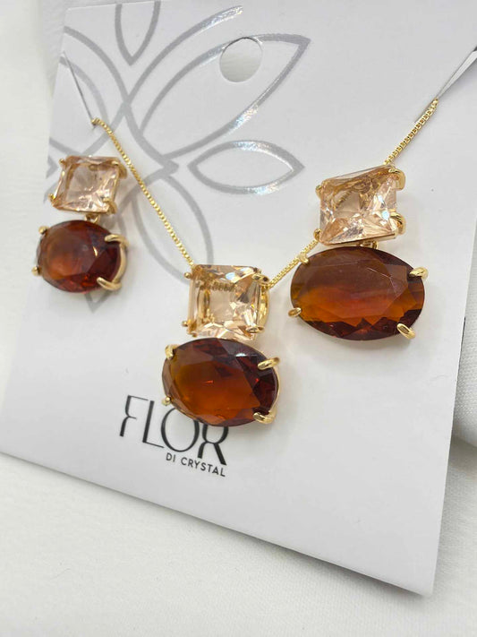 Luxury oval and Square brown and peach cz Necklace & Earring Set