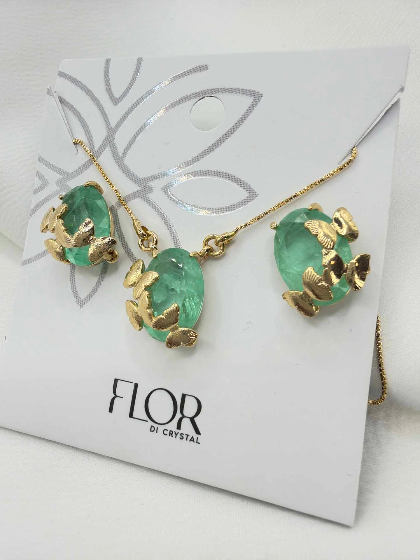 Luxury teardrop Emerald green fusion cz Necklace & Earring Set with butterflies