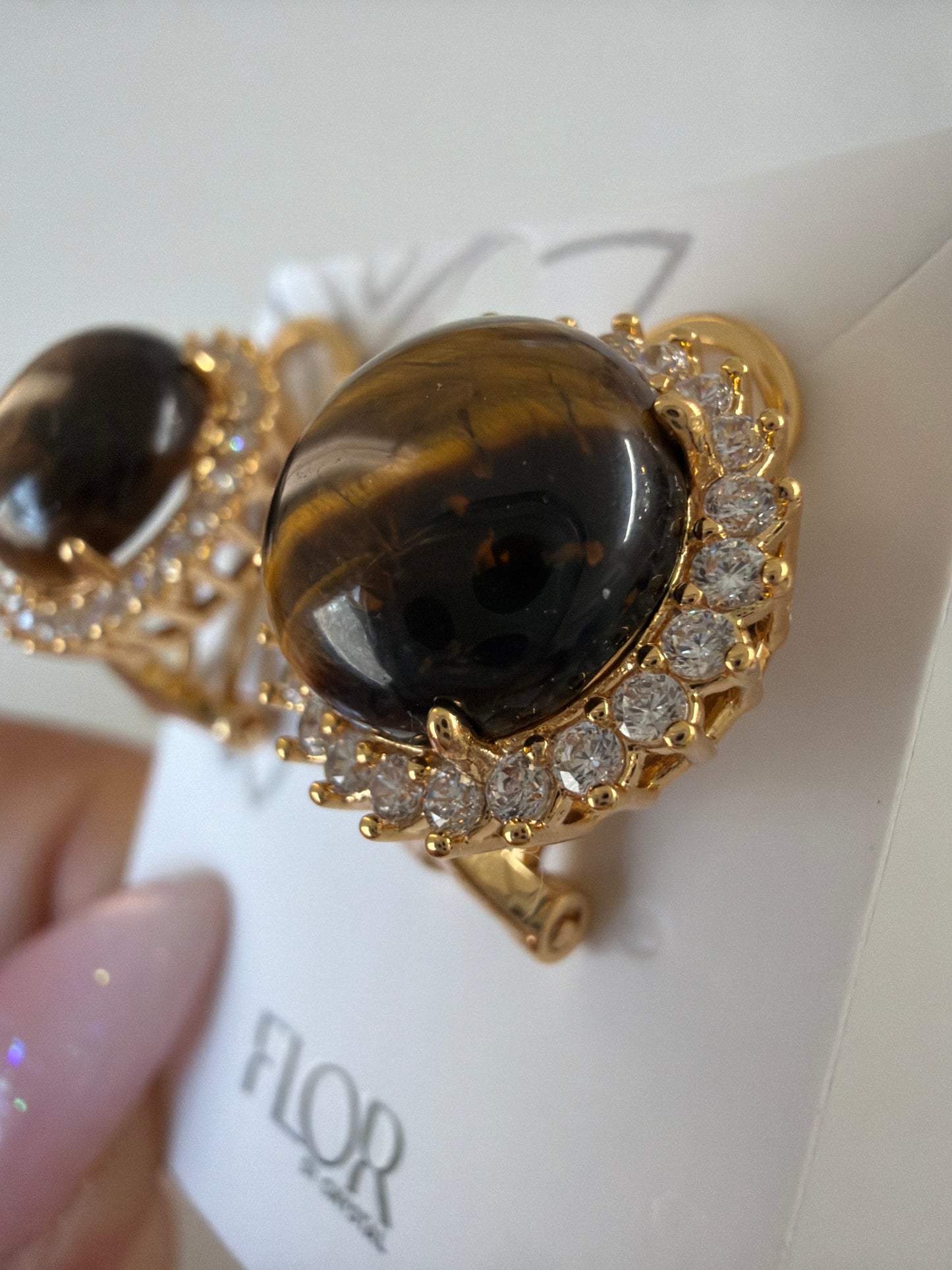 Large Cat’s Eye Stone Halo Stud Earrings Brown