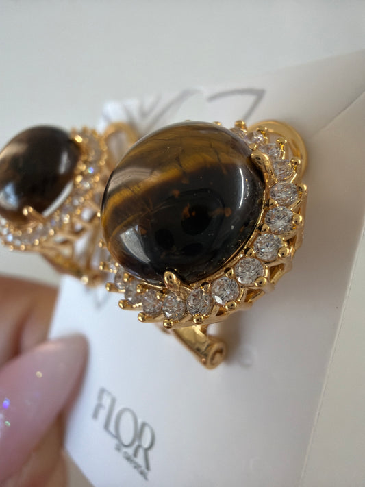 Large Cat’s Eye Stone Halo Stud Earrings Brown