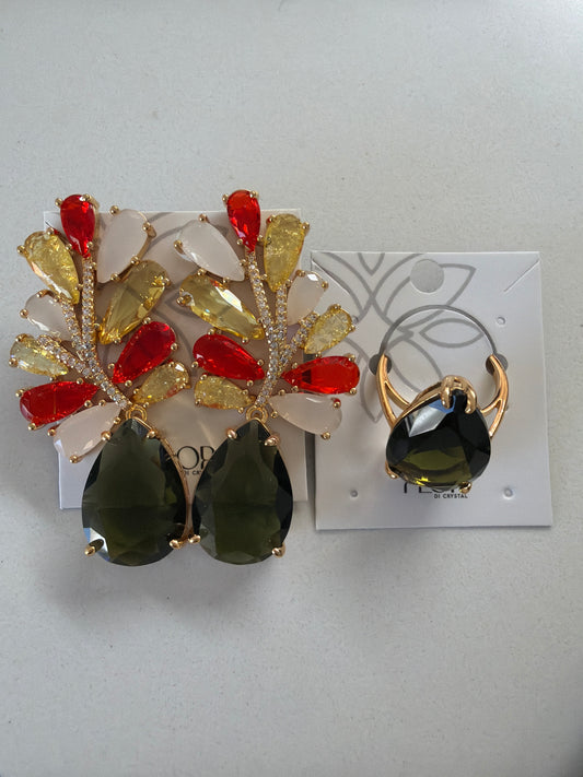 Large Luxury earing and ring in orange and green