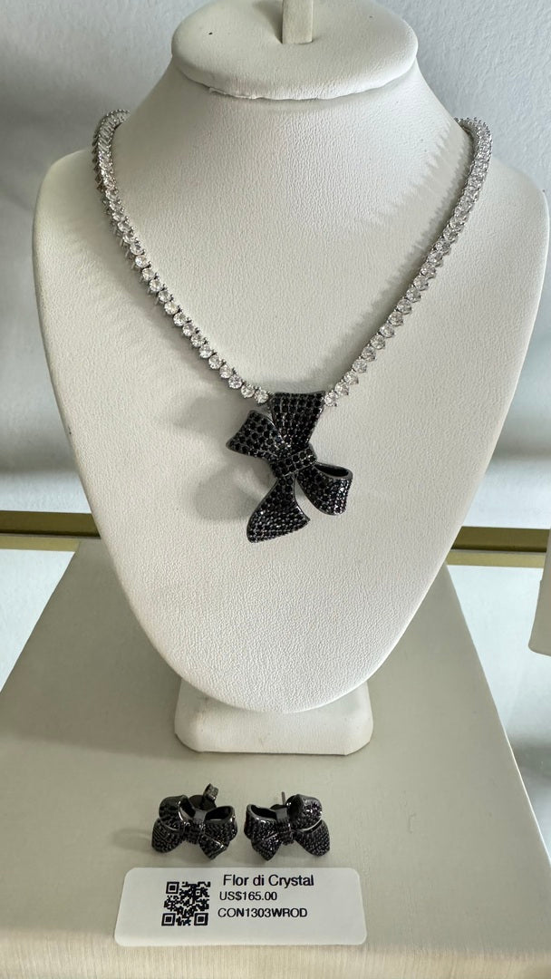 Conjunto - Conjunto Maxi Luxo- Rivieira 3 pontas rodio com pingente cravejado de laco Negro e Brincos