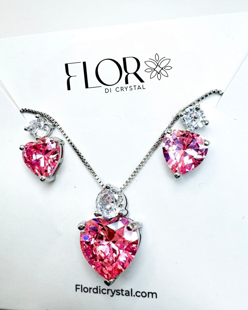 Conjunto - conjunto de Coracao e zirconia rosa e crystal- Luxo