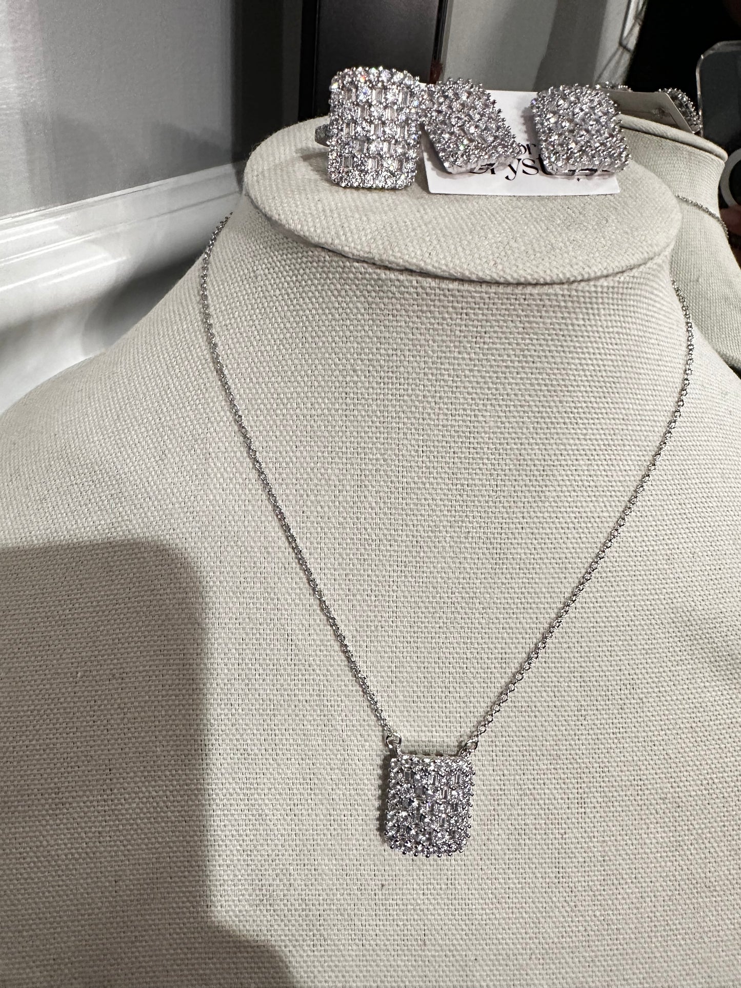 Conjunto - conjunto Rodio luxo - pingente/brinco quadrado crystal