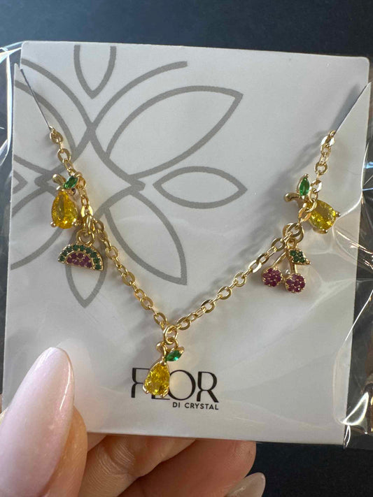 Conjunto - Conjunto colar e brinco de abacaxi- cadeadinho c/ 3 pingentes abacaxi/melancia/cereja