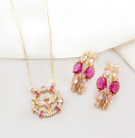 Brinco - Colar Espirito Santo Cravejado- Rosa luxo