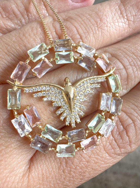 Colar - Colar Medalha Espirito Santo Luxo  cravejado e zirc.- Rosa/lavanda/verde/cristal