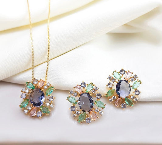 Conjunto - Conjunto de brinco de colar  cravejada pedraria  luxo- Zirconia Colorida