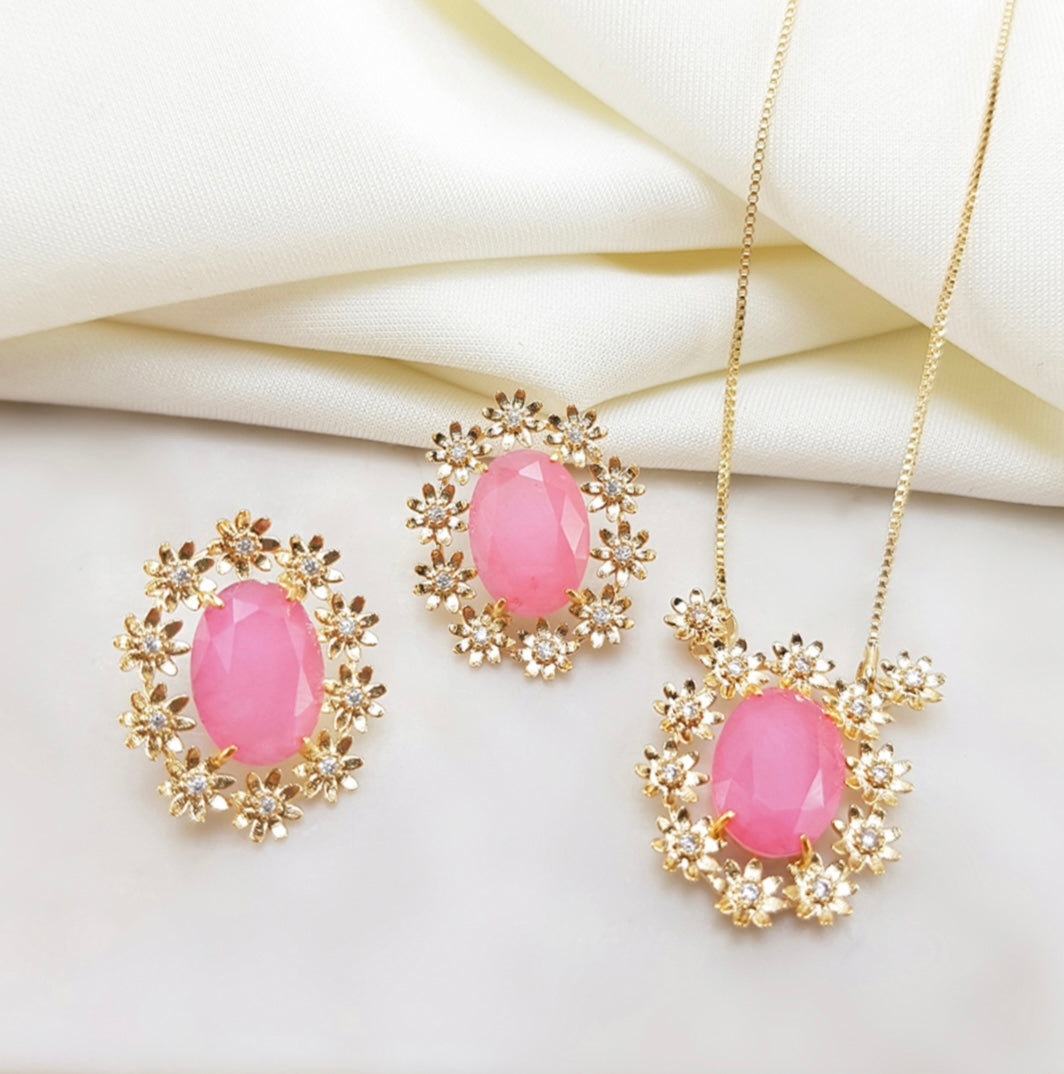 Conjunto - Conjunto de brinco de colar oval com detalhe flores cravejada pedraria  luxo- Zirconia turmaluna paraiba rosa