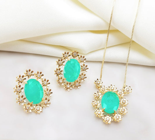 Conjunto - Conjunto de brinco de colar oval com detalhe flores cravejada pedraria  luxo- Zirconia verde Turmalina paraiba