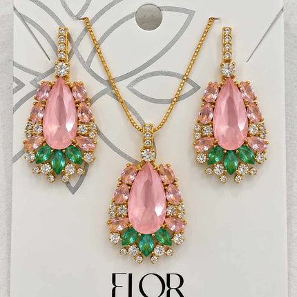 Brinco rosa e turquesa gota longa