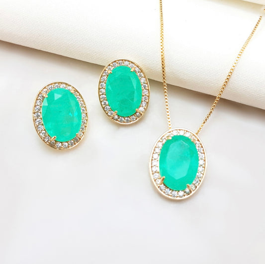 Conjunto - Conjunto colar e brinco em turmalina paraiva fusion verde com cravejado ao redor