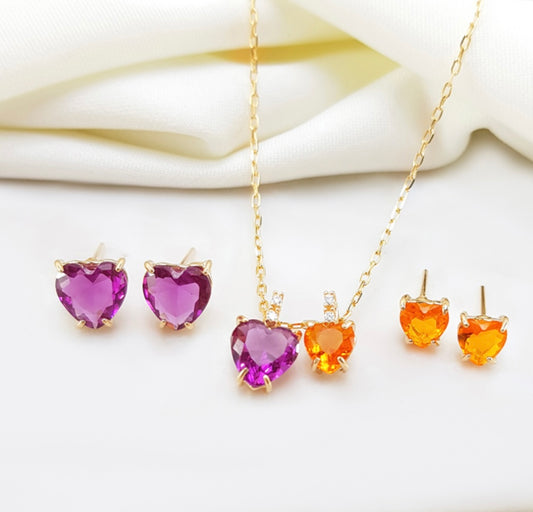 Conjunto - Conjunto Brinco duplos e colar de pingente duplos- rosa e laranja