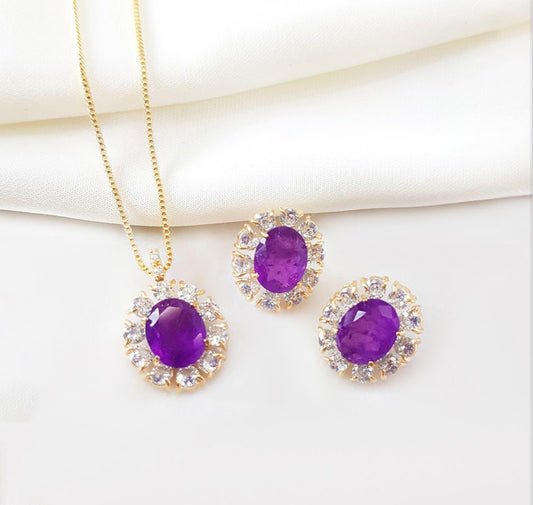 Conjunto - Conjunto de brinco de colar oval  cravejada pedraria  luxo- Zirconia turmaluna paraiba roxo