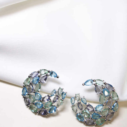 Brinco circular em zirconias azul verde e ametista