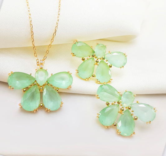 Conjunto - Conjunto colar e brinco Pedraria -Meia Flor Turmalina paraiba cravejada