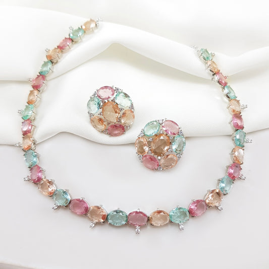 Conjunto - Conjunto de Rivieira 6mm Color e brincos  - aqua morganita e rosê