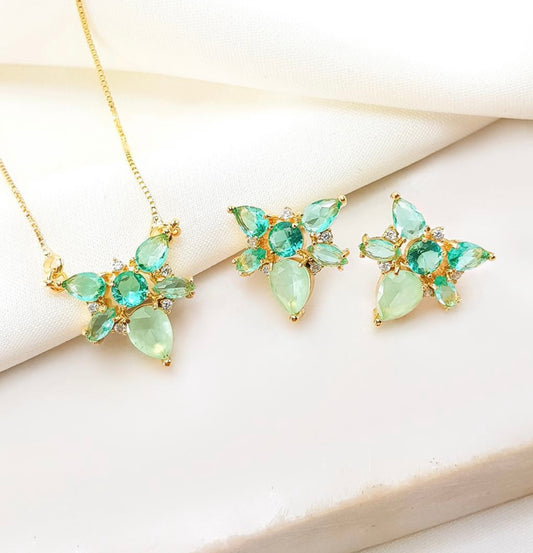 Conjunto - Conjunto colar e beinco pedraria Verde