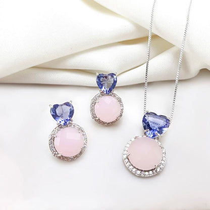 Conjunto de brinco de colar  cravejada coracao roxo com pedra Rosa