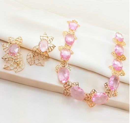 Conjunto - Chocker e brinco folhagem Luxo maxi com pedras grande rosa