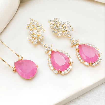 Conjunto colar e brinco luxo fuchia de pedra Turmalina paraiba pink