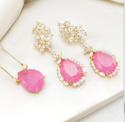 Conjunto colar e brinco luxo fuchia de pedra Turmalina paraiba pink
