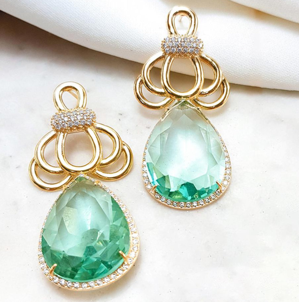 Teardrop flower design Earing green zirconia