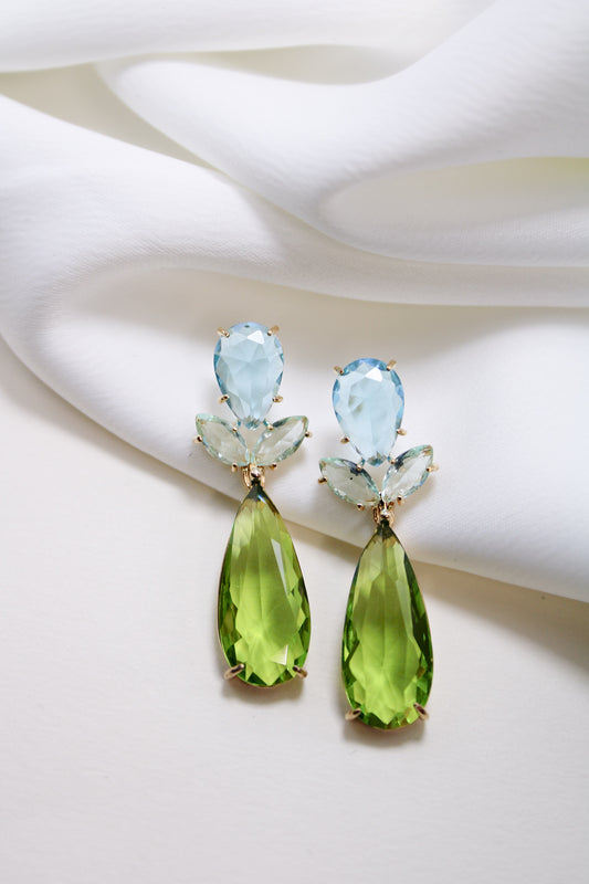 Brinco - Brinco Gota Alongada Verdee detalhe pedra Aqua