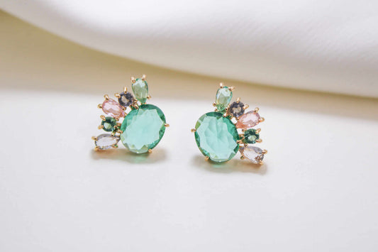 Brinco - Brinco pedraria colorido com pedra verde oval